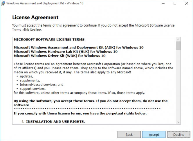 Fikira - Install Windows Assessment and Deployment Kit - Windows 10 - License Agreement