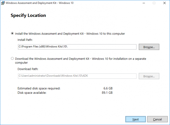 Fikira - Install Windows Assessment and Deployment Kit - Windows 10 - Specify Location